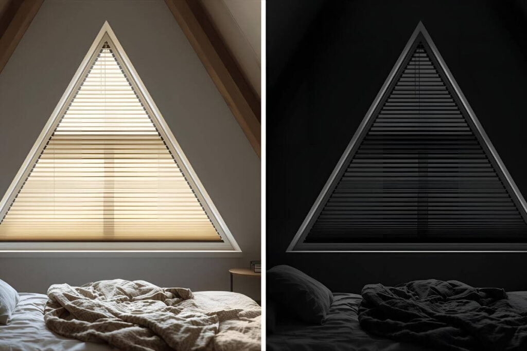 Light-filtering vs blackout blinds for triangular windows.