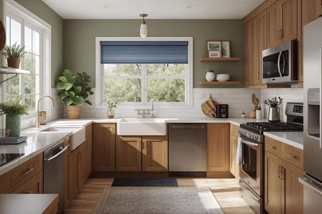 A kitchen featuring light brown cabinets paired with sage, white, and navy accents.