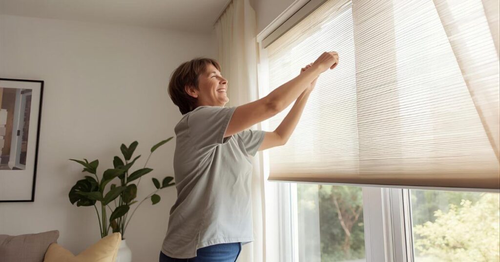 Homeowner adjusting cordless cellular shades in a modern living room