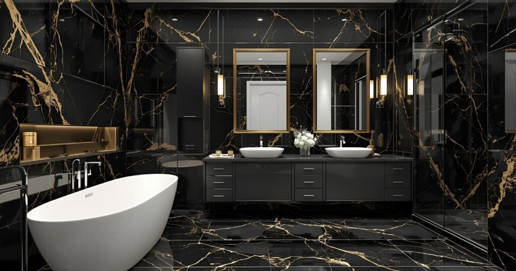 Luxury bathroom featuring black UV PVC marble sheets with clear interior structure and furniture.