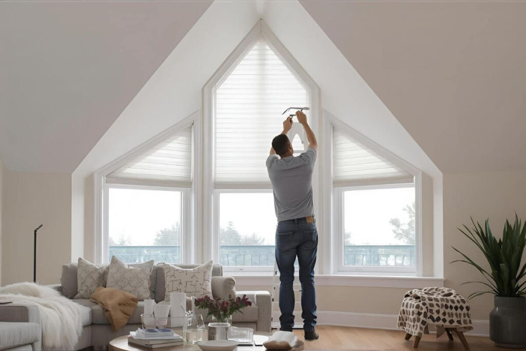 Homeowner measuring triangular window for custom blinds.
