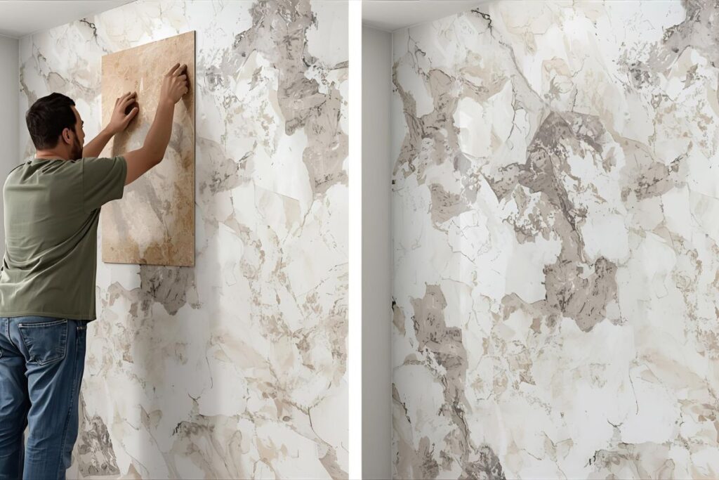 Easy installation of UV PVC marble sheets on a residential wall