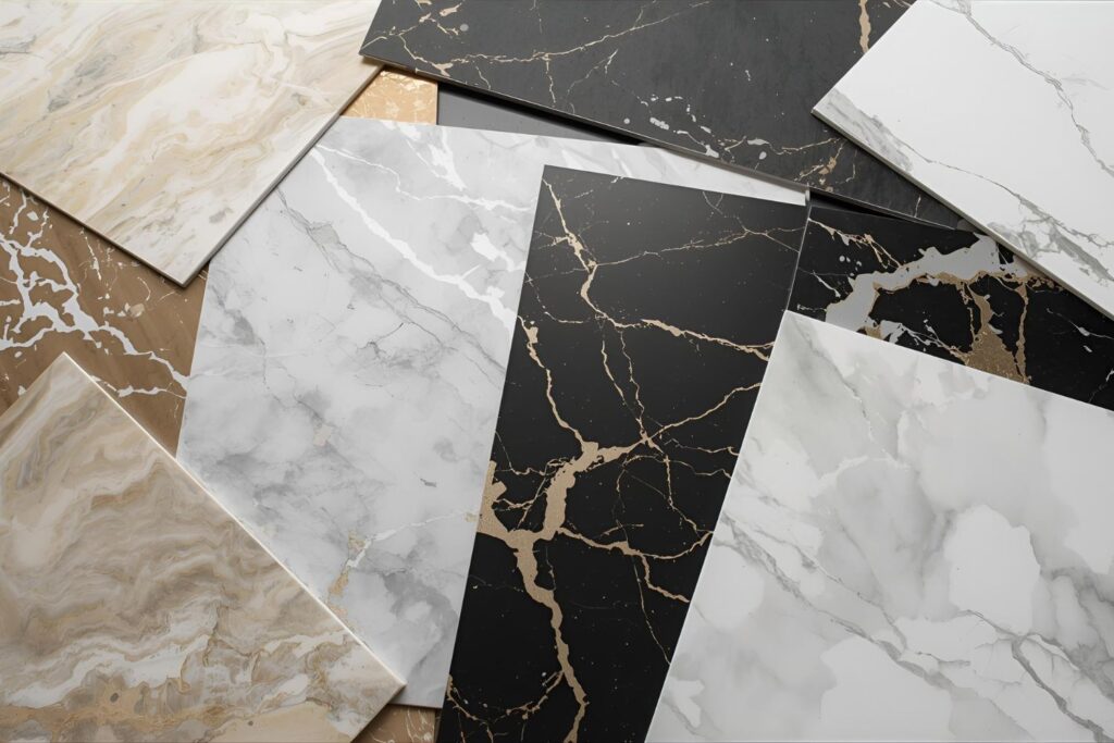 Assorted PVC marble sheet designs showcasing variety of colors and textures