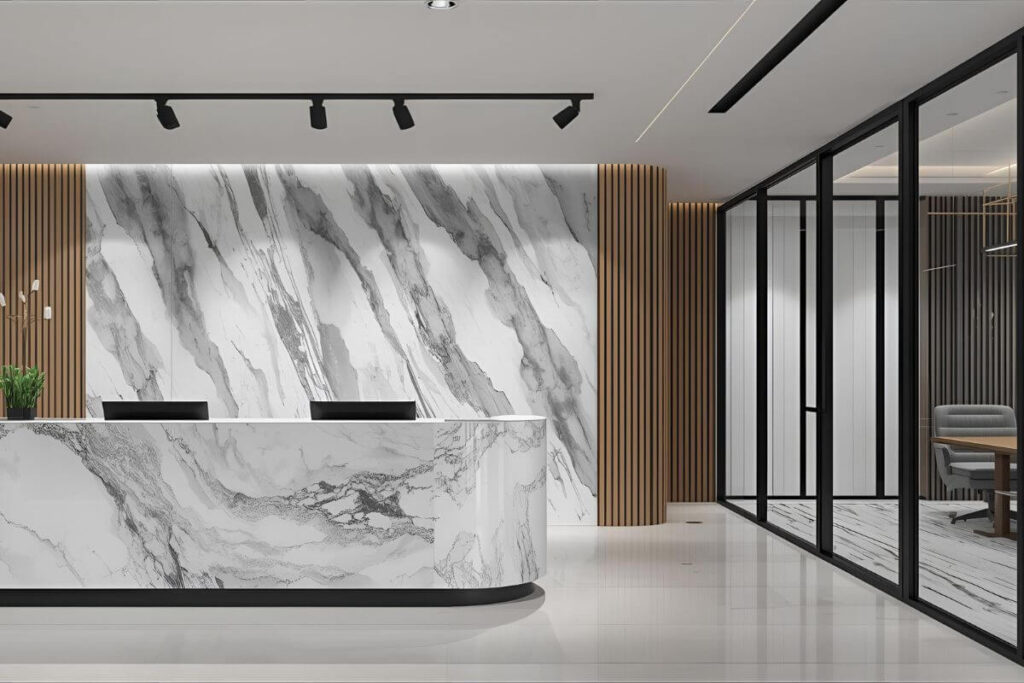 Office interior with PVC marble wall and reception desk design.