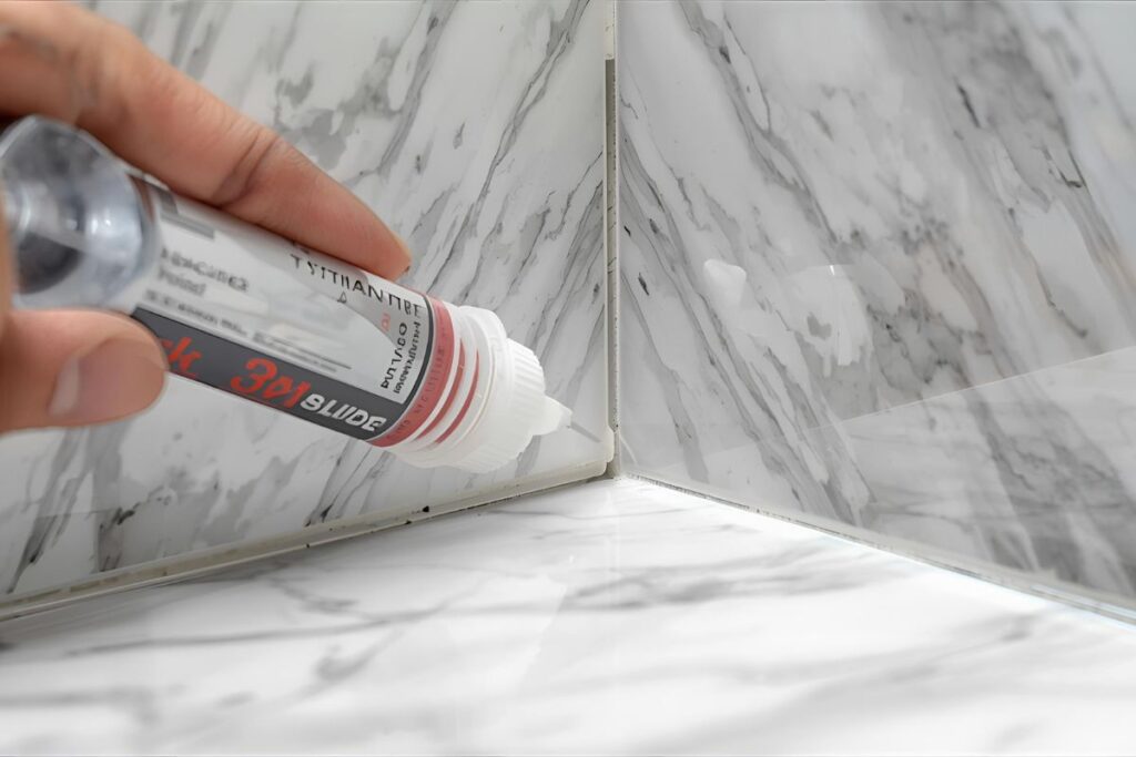 Sealing the edges of installed PVC marble sheets with transparent silicone.