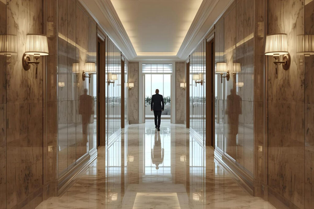 Bright hallway with PVC marble panels and wall lights.