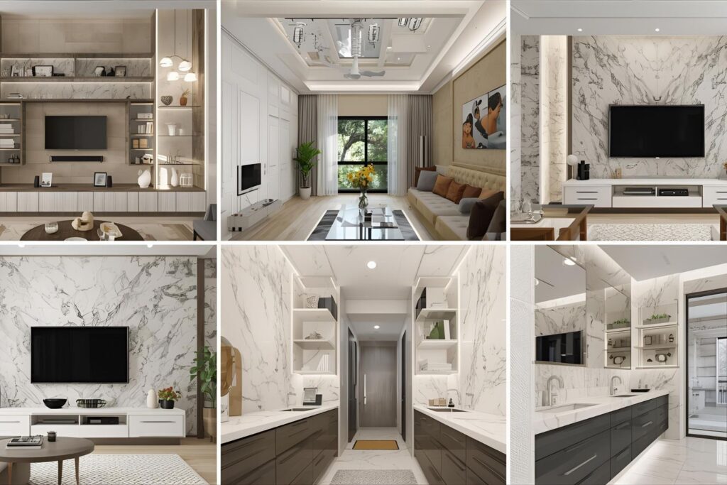 Multiple interior uses of PVC marble sheets in walls, kitchens, and bathrooms.