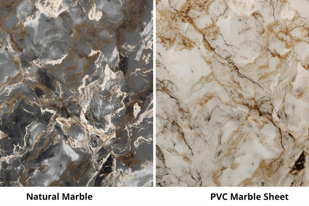Comparison between real marble and PVC marble showing identical appearance