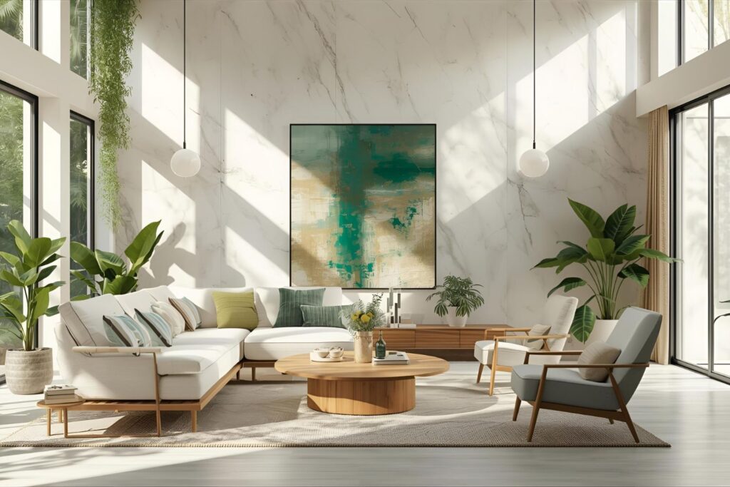 Eco-friendly interior with PVC marble walls and sustainable modern design