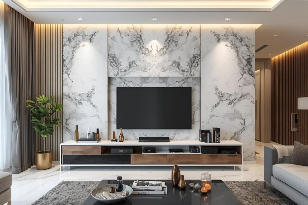 Modern living room with PVC marble feature wall behind TV unit