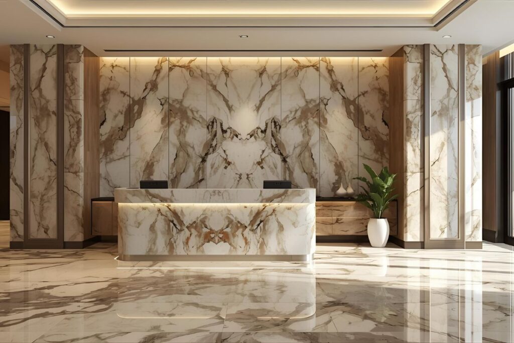 Hotel reception area with PVC marble walls