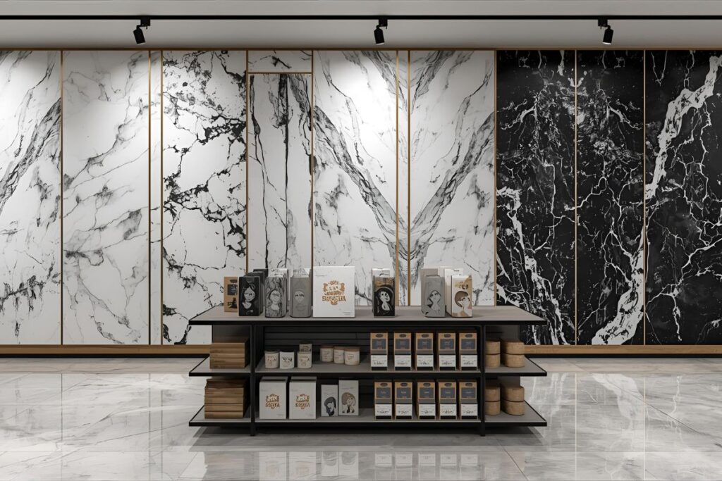 Retail store with PVC marble display panels