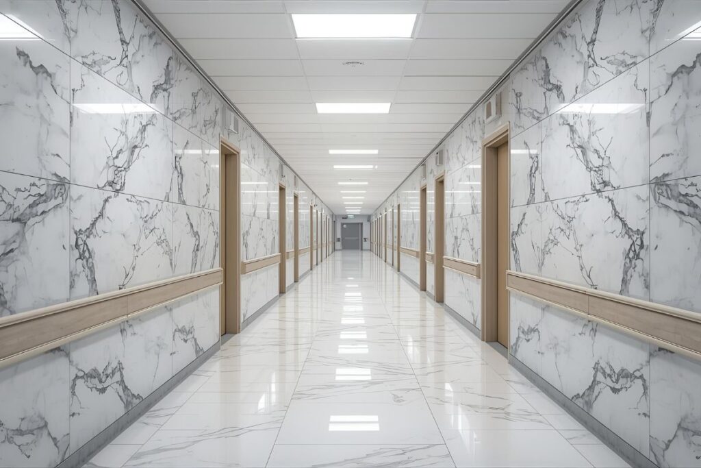 Institutional interior with PVC marble panels