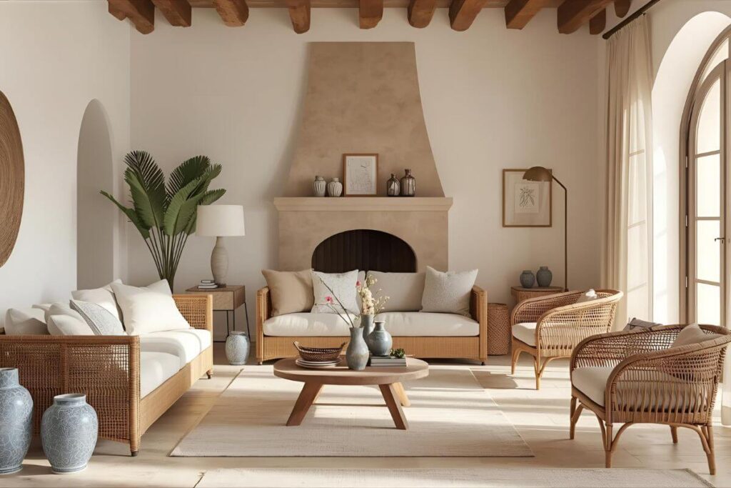 Modern Mediterranean living room with warm neutral palette and blue accents