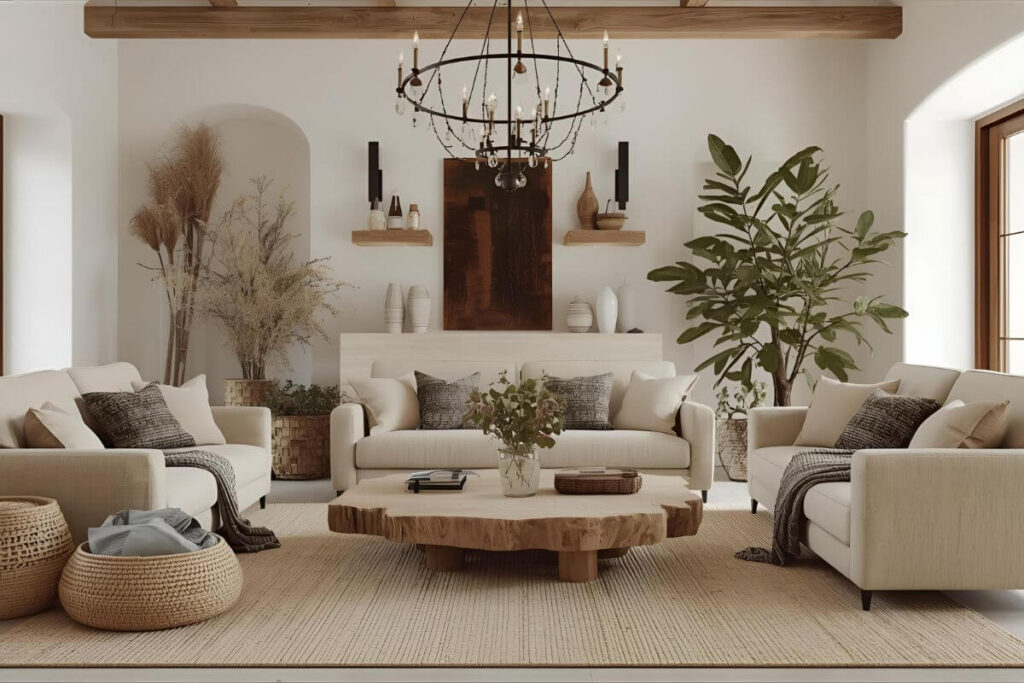 Modern Mediterranean living room with rustic furniture and wrought-iron lighting