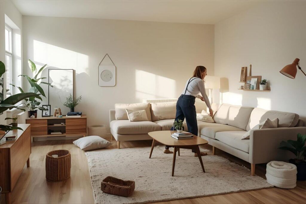 A living room being decluttered and reorganized with someone rearranging furniture, folding items, and refreshing the space without buying anything.