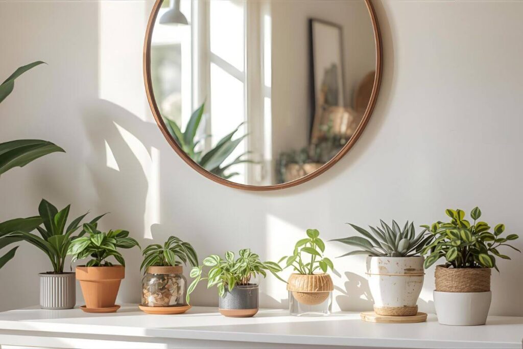 Low-cost indoor plants in repurposed containers and a repainted thrifted mirror brightening a modern living space.