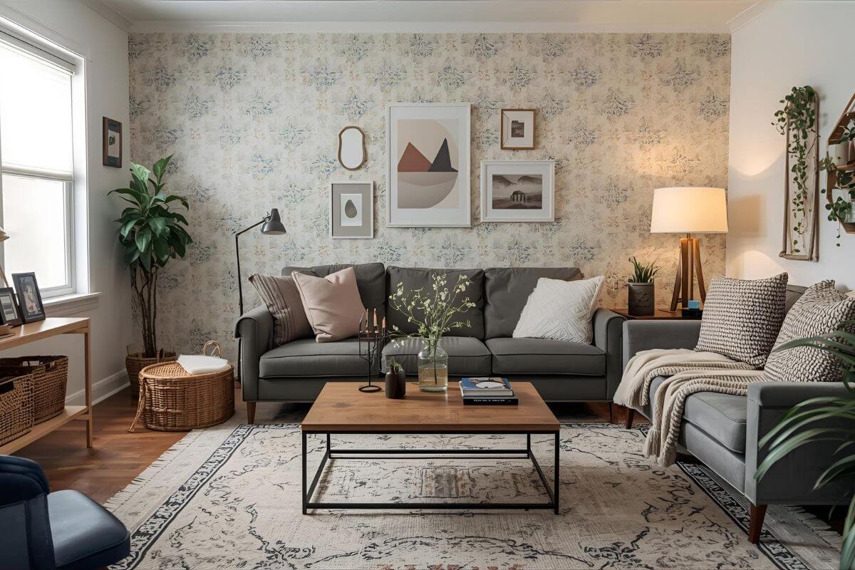Budget-friendly living room with DIY decorations, thrifted furniture, plants, and warm lighting