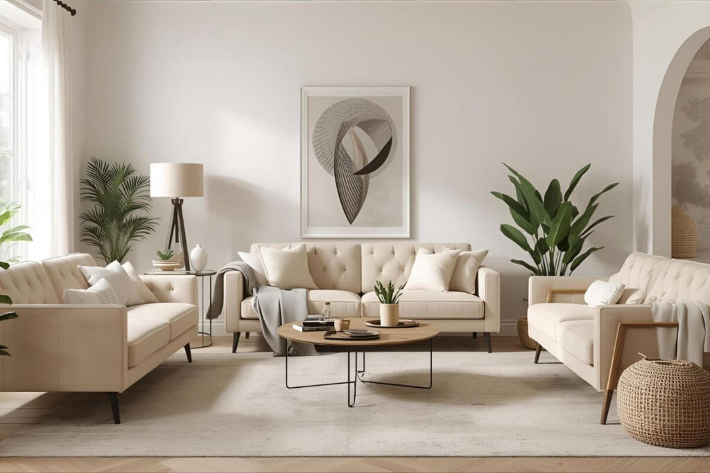 A beautifully decorated modern living room using budget-friendly décor with neutral tones, thrifted furniture, and soft lighting.