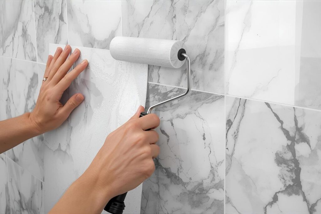 Attaching PVC marble sheet on the wall with roller to remove air bubbles.