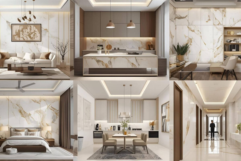 Modern home interiors featuring PVC marble sheets in every room for a luxurious look.