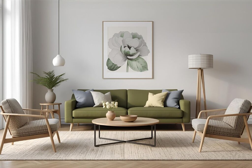 Modern living room wall with white UV PVC marble sheets and contemporary furniture