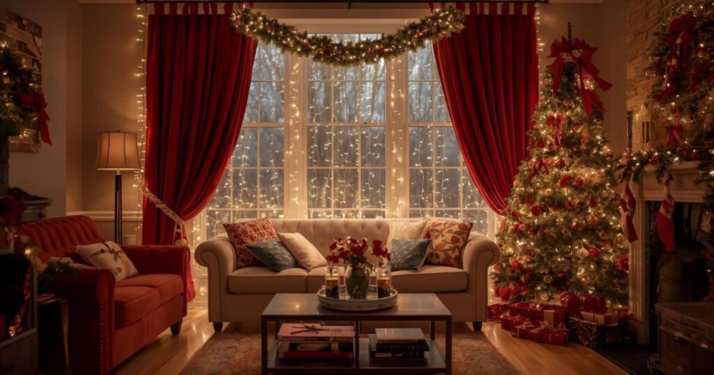 Cozy living room window with luxurious velvet Christmas curtains, pine garlands, red and gold ornaments, soft fairy lights, and a small wreath, illuminated by morning sunlight in a modern, minimal holiday décor setting