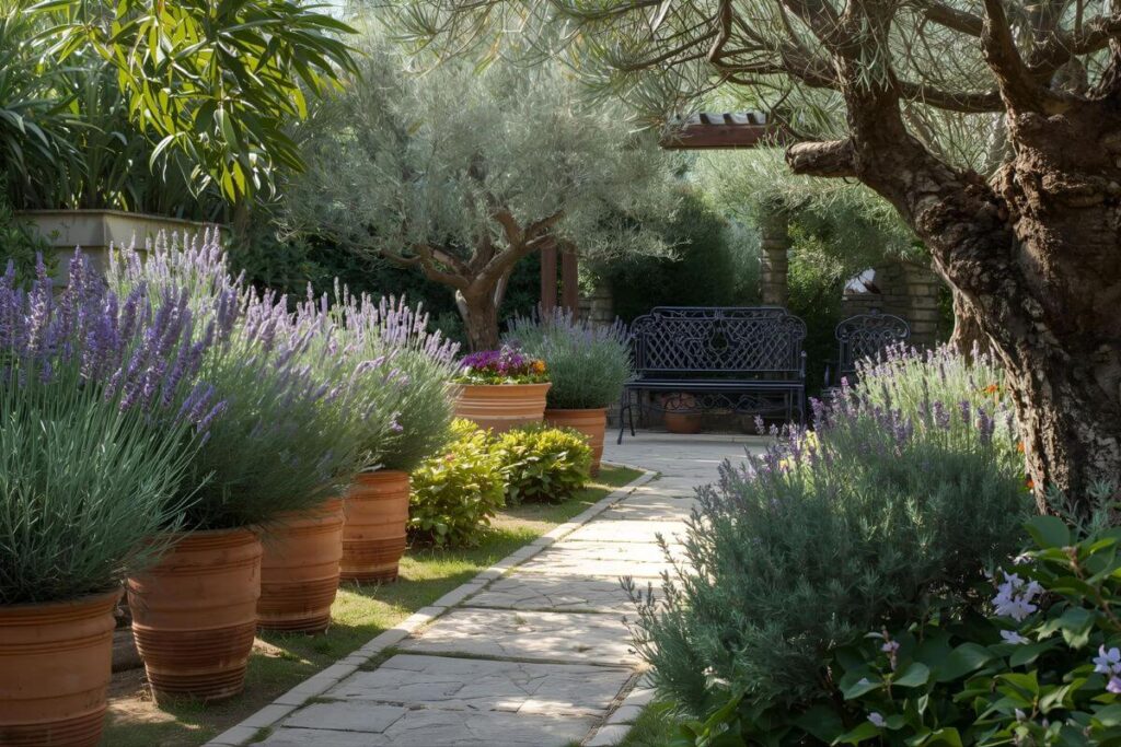 Mediterranean garden with olive trees, lavender, and terracotta planters