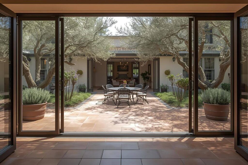 Mediterranean outdoor-indoor courtyard with terracotta flooring and olive trees