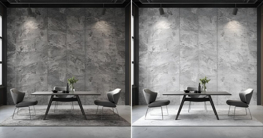 Studio interior showing gray PVC marble sheet and real marble with clear room layout.