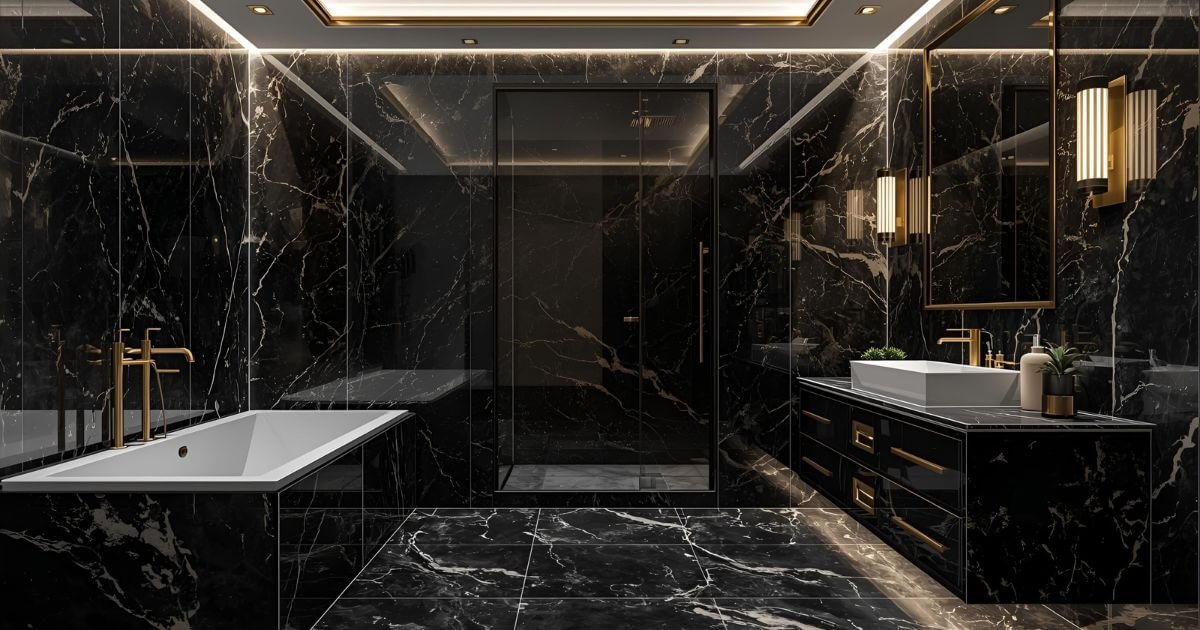Luxury bathroom featuring black UV PVC marble sheets with clear interior structure and furniture.