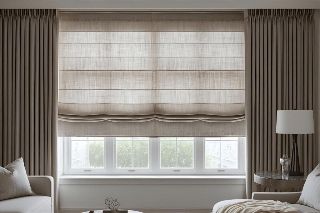 Large custom Roman shade in a modern living room, showing smooth folds, luxurious fabric, and motorized control, emphasizing style and investment.