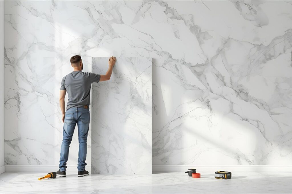 Worker holding PVC marble sheet panel for wall installation in a modern living room.