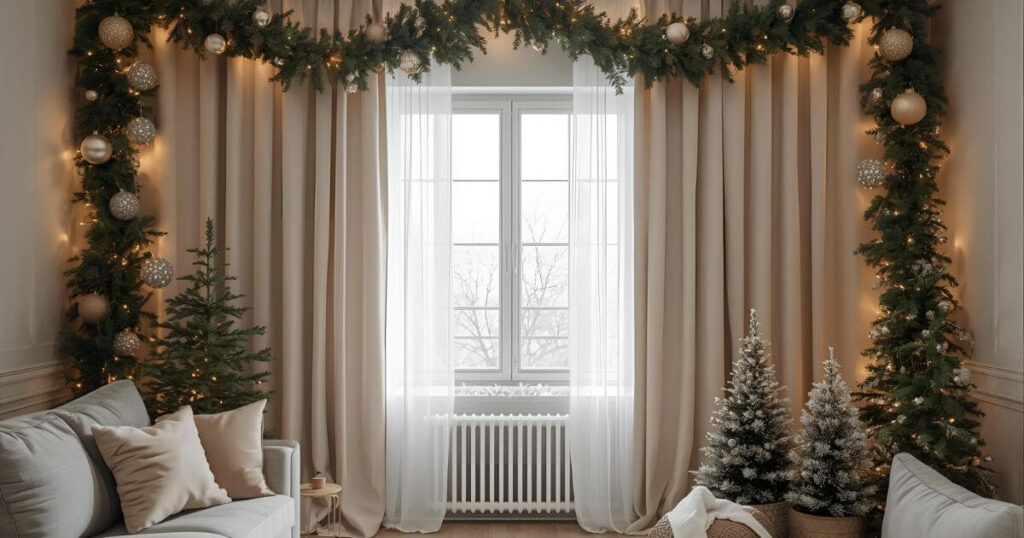 Neutral-colored curtains decorated with green garlands, gold and silver ornaments, Christmas wreaths, and fairy lights, creating a cozy and luxurious holiday ambiance