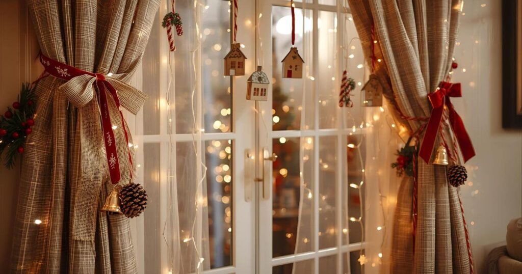 Christmas-decorated curtains with festive tiebacks and hanging ornaments, including burlap and velvet ribbons, bells, pinecones, candy cane ropes, gold accents, wooden houses, snowflakes, and red berries, creating a cozy holiday ambiance