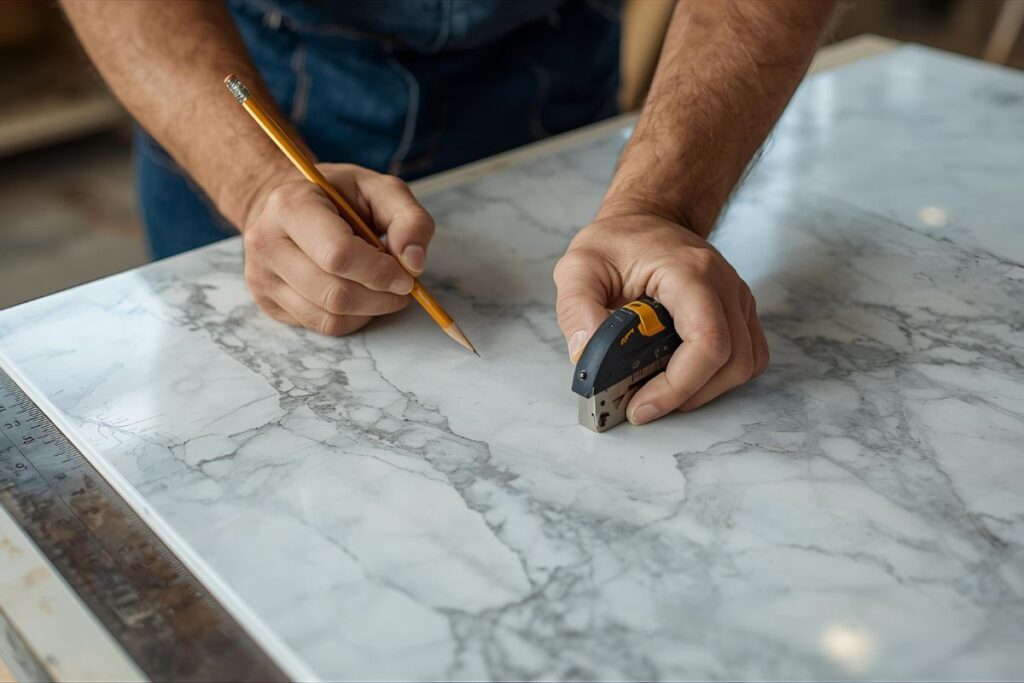 Cutting and measuring PVC marble sheet accurately.