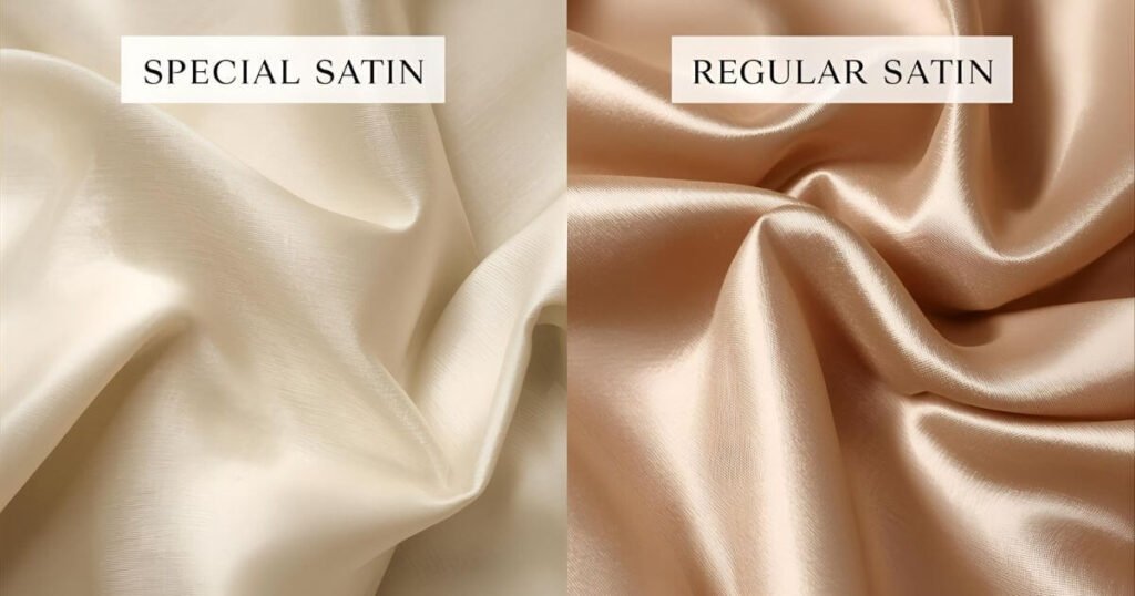 Comparison of special satin and regular satin fabrics with close-up texture and labels