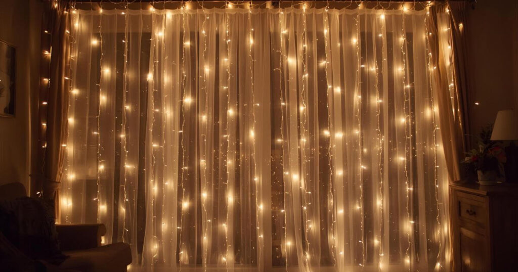 Sheer curtains decorated with warm white LED fairy lights along the rod, draped through delicate fabric and behind curtains, creating a cozy, safe, and magical holiday glow