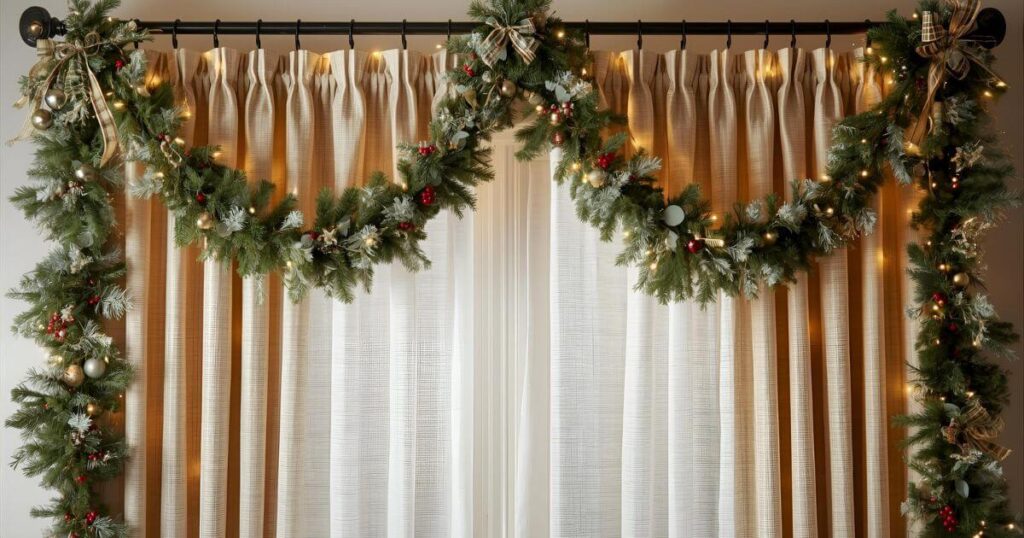 Christmas curtains decorated with garlands of pine, cedar, eucalyptus, frosted winter greenery, and red berries, styled over rods, draped as swags, and accented with fairy lights, ornaments, and bows for a festive, cozy holiday look.