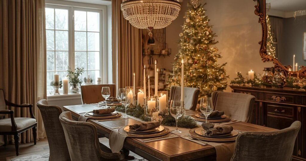 Dining room decorated for Christmas with curtains in linen, cotton, and velvet, featuring a holiday table with matching runners, candles, centerpieces, napkins, chargers, and fairy lights, creating a cozy and luxurious festive atmosphere