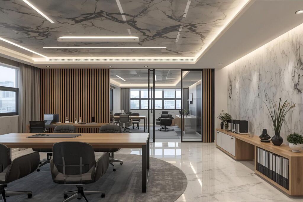 Contemporary office with PVC marble wall and ceiling design representing modern innovation.