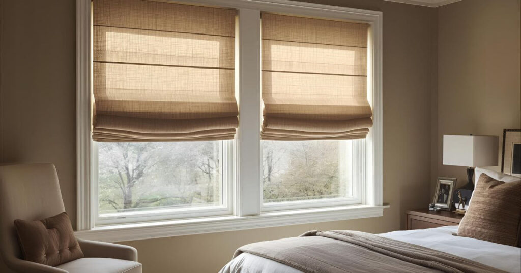 Custom Roman shades in linen fabric covering a bedroom window, demonstrating luxury and style