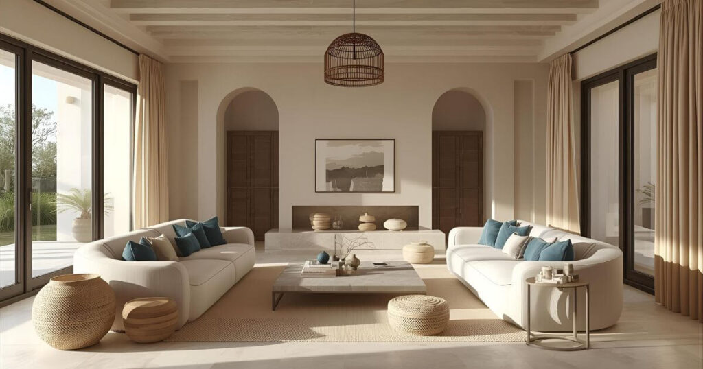 Modern Mediterranean living room with natural stone flooring, blue accents, and rustic details