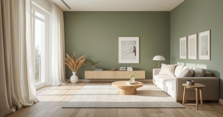 Curtain color for sage green walls in a modern living room with white curtains