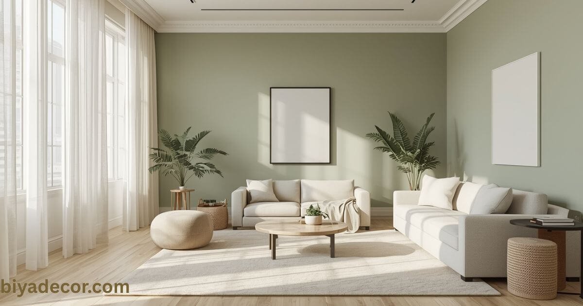 Curtain color for sage green walls in a modern living room with white curtains