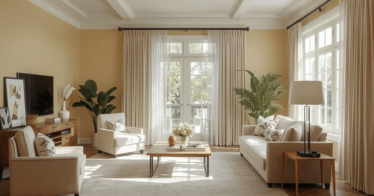 Yellow wall curtains styled with cream curtains in a bright and cozy living room