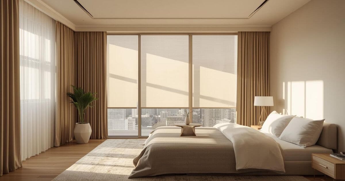 Blackout curtains blocking sunlight in a bedroom to control room temperature