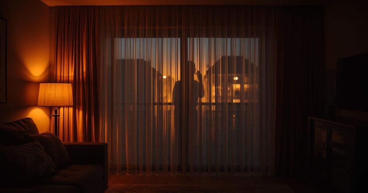 Light-colored curtains glowing at night with a faint silhouette visible from outside, showing how people can see through curtains when indoor lights are on