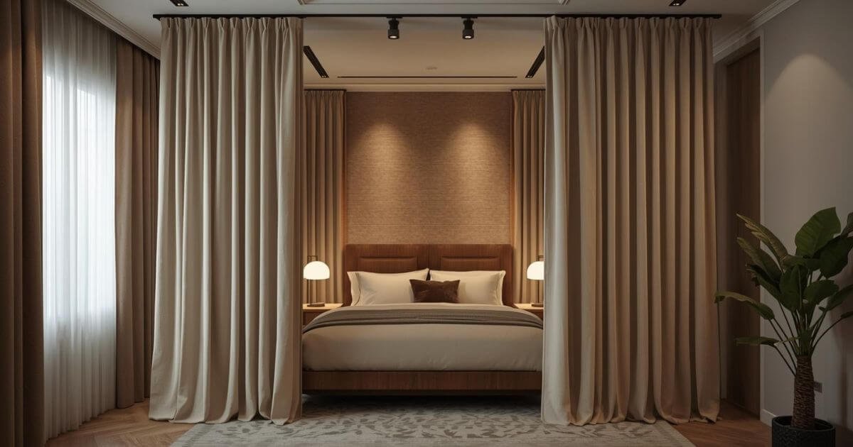 Curtain around bed creating privacy in a modern bedroom
