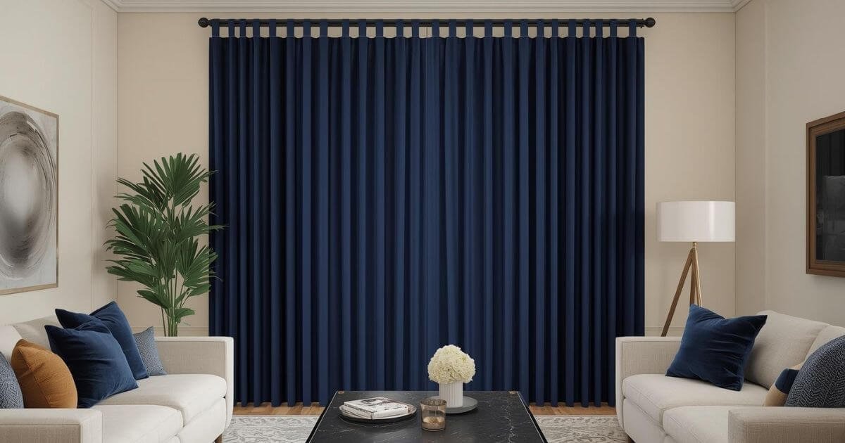 "Deep navy blue back tab curtains with smooth folds hanging in a contemporary living room with cream walls and modern furniture"